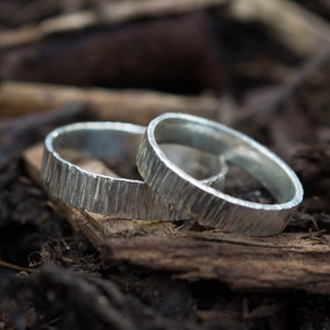 Silver Bark Effect Wedding Bands: A Set of hers and hers recycled sterling silver Bark effect wedding rings image 3