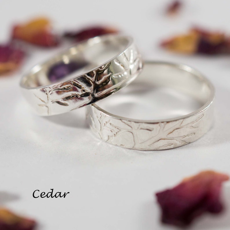 Horse Chestnut Wedding Bands: A Set of his and hers Recycled Sterling silver Horse Chestnut leaf textured wedding rings image 6