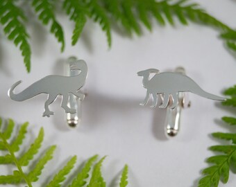 Silver Dinosaur cufflinks: A pair of Dryptosaurus and Hadrosaur shaped eco silver cufflinks.