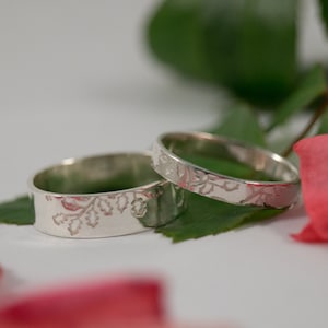 Oak Leaf Wedding Bands: A Set of his and hers Sterling silver Oak leaf textured wedding rings