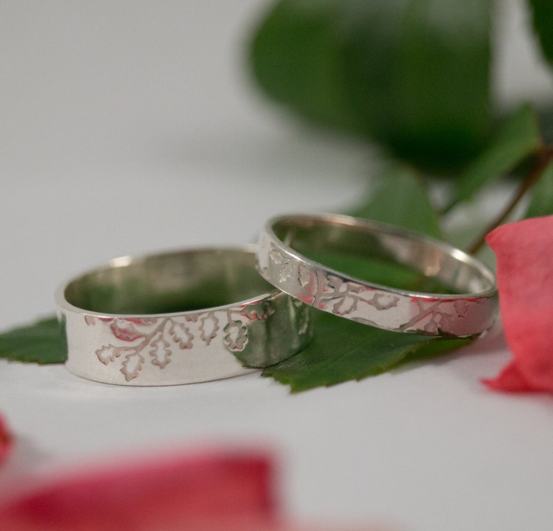 Oak Leaf Wedding Bands: A Set of his and hers Sterling silver Oak leaf textured wedding rings image 1