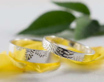 White Gold Woodland Wedding Bands: A Set of his and hers 18ct White Eco Gold wedding rings