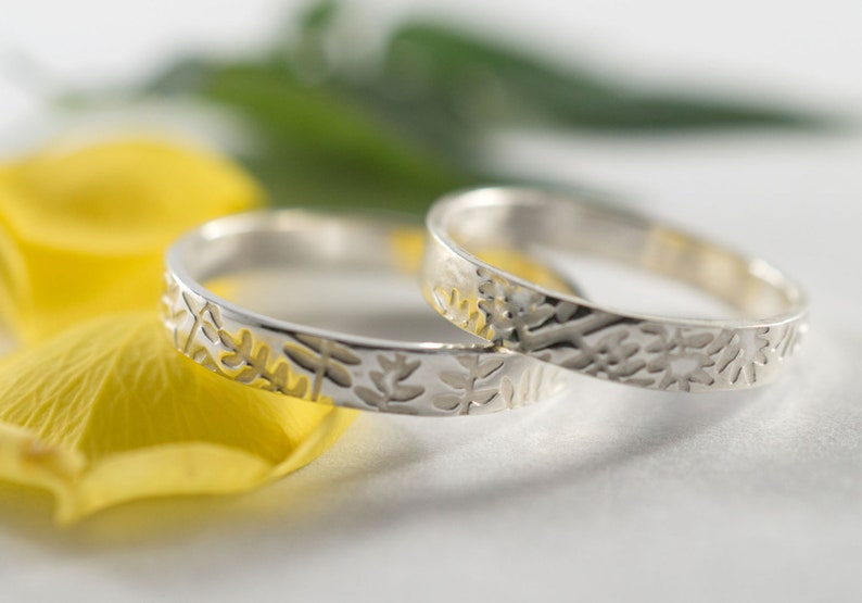 Her and Hers Botanical Wedding Band: A pair of recycled sterling silver textured wedding bands image 1