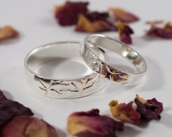 White Gold Cedar Wedding Bands: A Set of his and hers 18k White Eco Gold wedding rings