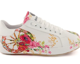 Zapatillas de piel con flores pintadas a mano – Zapatos de piel de becerro para mujer