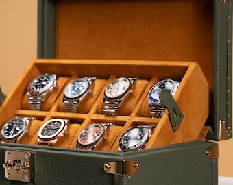 Estuche artesanal de piel para 8 relojes - Verde Togo, interior de ante