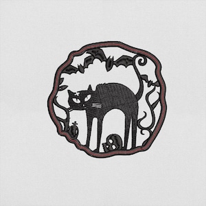 Black Cat Circle Embroidery Design, Halloween Cat with Arch Back and Bats Machine File for Embroidery, Instant Download, PES DST File