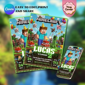 Bearbeitbare Minecraft-Geburtstagseinladungskarte, Minecrafter-Geburtstag, Kinderparty-Digital-Einladung, Gamer-Einladung, bearbeitbare Canva