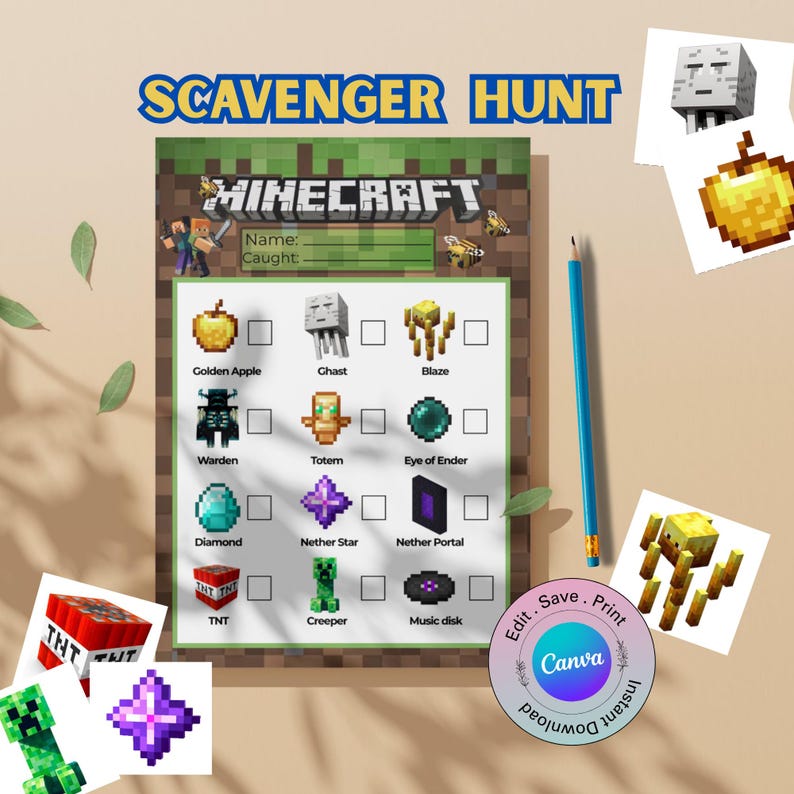 Minecraft Scavenger Hunt Activity Pack, Printable Party Game for Kids ...