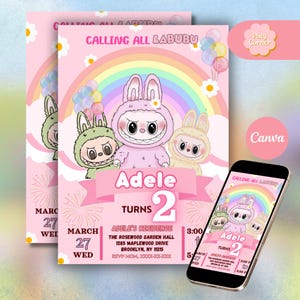 Invitation d'anniversaire Labubu, modèle d'invitation à une fête d'enfants, invitation modifiable, invitation imprimable Labubu, fête amusante, fan art, téléchargement numérique