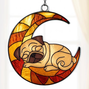 Sleeping Pug Moon Acrylic Ornament, Crescent Moon Dog Suncatcher Gift, Cute Pet Window Hanging, Dog Lover Gift, Puppy Decor