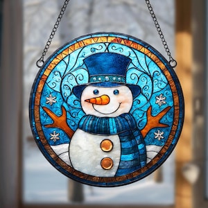 Stained Glass Snowman Suncatcher | Winter Window Hanging Christmas Decor, Stained Glass Snowman Ornament | Handmade Winter Decor Gift Idea