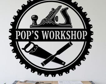 Benutzerdefiniertes Werkstattschild für die Holzbearbeitung, personalisiertes Ladenschild aus Metall mit Werkzeugen, Pop's Garage Decor, Geschenk für Holzarbeiter oder Handwerker