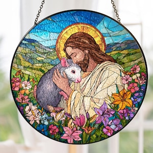 Jesus Hugging Possum GLASS Suncatcher Decor, Funny Animal Window Hanging, Floral Stained Glass Ornament, Christmas Gag Gift