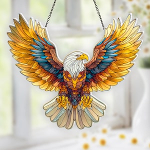 Stained Glass Bald Eagle Suncatcher, American Eagle Window Hanging Decor, Patriotic Bird Gift, Handmade Bird Window Art