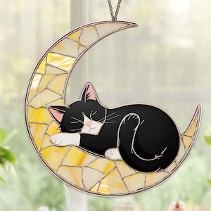 Tuxedo Cat Sleeping Moon Suncatcher, Acrylic Cat Lover Window Decor, Tuxedo Cat Gift, Cute Cat Ornament, Pet Memorial Window Hanging