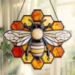 Bee Acrylic Suncatcher, Honeycomb Window Hanging Decor, Amber Yellow Bee Ornament, Garden Window Art, Beekeeper Gift
