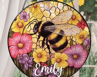 Bee and Wildflower Glass Suncatcher – Stained Glass Window Hanging Decor, Garden Lover Gift, Bee Ornament for Home or Teacher Appreciation