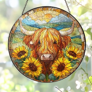 Highland Cow Sunflower Suncatcher, Farmhouse Window Hanging, Faux Stained Glass Cow Gift, Animal Lover Housewarming Decor