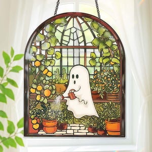 Cute Ghost Greenhouse Suncatcher, Halloween Acrylic Window Hanging, Plant lover Decor, Funny Ghost Ornament Gift for Mom or Plant Lovers