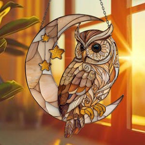 Owl on Moon Acrylic Suncatcher | Bird Window Hanging Decor | Owl Lover Ornament | Stained Glass Style Art | Housewarming or Christmas Gift