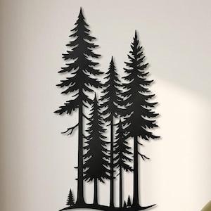 May include: A black metal wall art piece featuring a silhouette of a dense forest with five pine trees of varying heights. The design displays detailed needle textures and branches, creating a vertical arrangement that stands out against the wall.