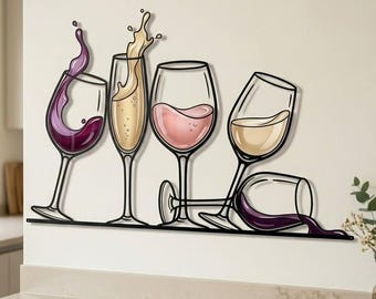 May include: A black metal wall art piece featuring four wine glasses. One glass shows purple wine splashing, one shows champagne with a splash, one holds pink wine, and one lies on its side with purple wine spilling out onto a thin horizontal line.