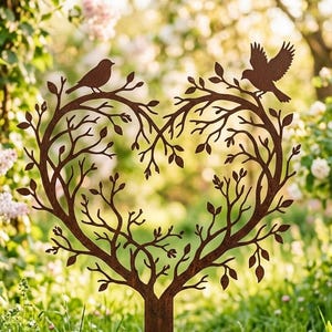 Op de afbeelding: Een bruine metalen tuinpaal met een boom-silhouet in de vorm van een hart. Het ontwerp bevat twee vogels die op de takken zitten, één aan de linker- en één aan de rechterkant met gespreide vleugels. De structuur heeft een centrale stam.