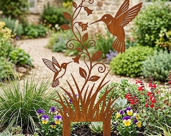 Könnte beinhalten: Ein rostfarbener Metall-Gartenstecker mit der Silhouette von zwei Kolibris, die an einer zentralen Ranke mit Blättern und glockenförmigen Blüten schweben, aufsteigend aus einer Basis aus stilisierten Grashalmen für den Außenbereich.
