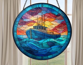 海景ステンドグラス、夕暮れの海の波、波間を航行する帆船 - Etsy 日本