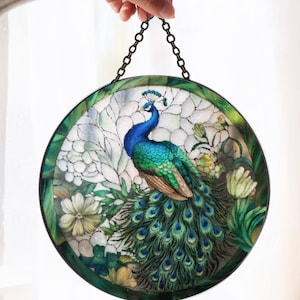 Peacock glas-in-lood suncatcher, bloemen vogel raam hangend decor, pauw kunst aan de muur, cadeau voor vogelliefhebbers, elegante huis tuindecoratie