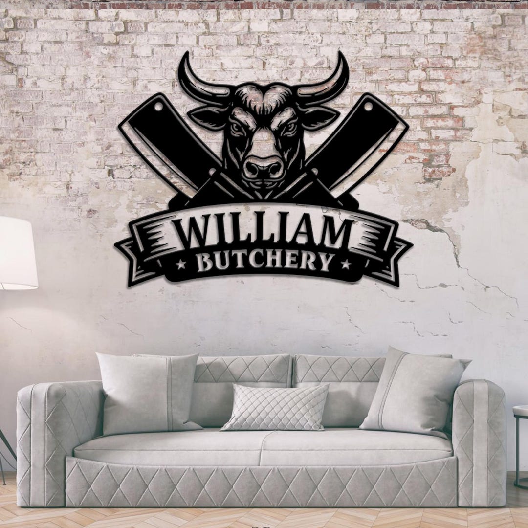 Personalized Butcher Metal Wall Sign, Custom Name Bull Cleaver Decor ...
