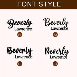 May include: Image showcasing four font styles for the name "Beverly Lawrence." The text is in black, with each style labeled F1 through F4. The background is a light beige, and the title "FONT STYLE" is at the top in brown.
