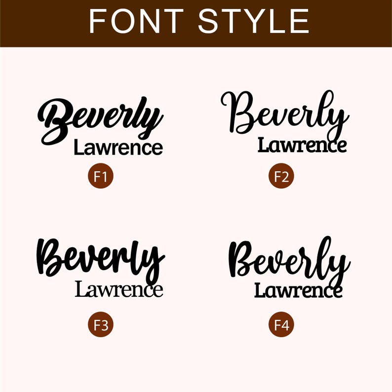 May include: Image showcasing four font styles for the name "Beverly Lawrence." The text is in black, with each style labeled F1 through F4. The background is a light beige, and the title "FONT STYLE" is at the top in brown.