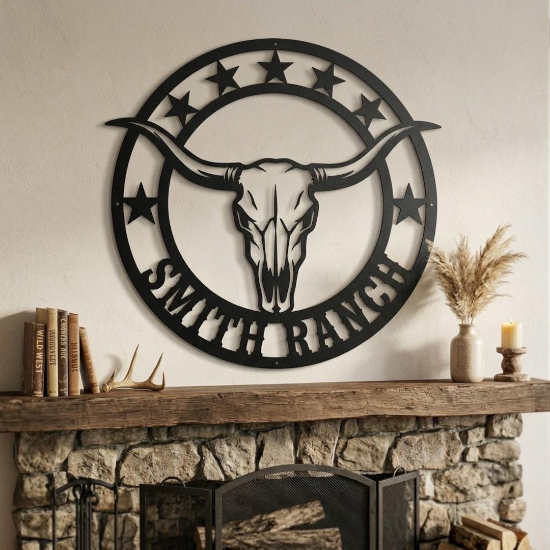 Longhorn Skull Metal Wall Art, Custom Ranch Name Sign, Western Cowboy ...