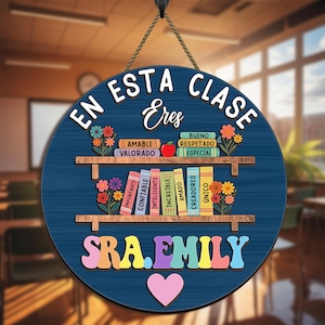 Custom Spanish School Sign – Teacher Door Sign with Books & Flowers – Gift for Maestra, Maestra Teacher Sign, Gifts for Teacher