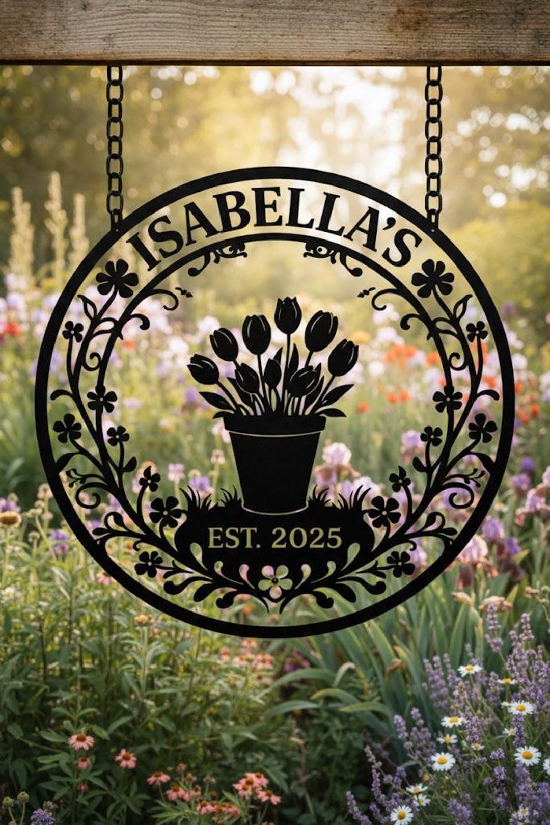 Personalized Metal Garden Sign, Custom Name Outdoor Wall Decor, Floral ...