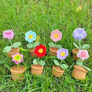 May include: A selection of colourful, crocheted flowers in small brown pots, set against a backdrop of green grass. The flowers feature various colours, including pink, blue, red, and purple, with yellow centres and green leaves.