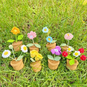 Virkade blommor i kruka, hem, prästkrage, ros, nejlikor, liljor i kruka, kontorsdekoration, födelsedag, årsdag, julklappar till mamma