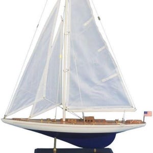 Handcrafted Wooden Sailing Yacht Model – Nautical Decor – Enterprise Sailboat – Maritime Collectible 35cm