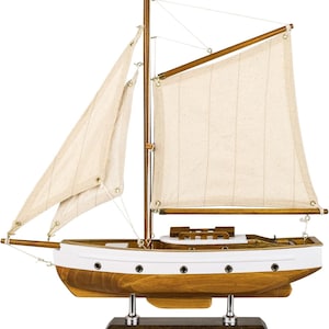 Wooden Sailboat Decor – Handmade Sailing Boat Model – Nautical Yacht for Home Office Shelf – Coastal Ship Decoration 35cm