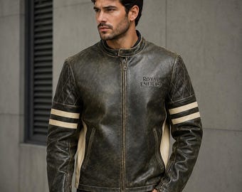 Men’s Royal Enfield Striped Motorcycle Leather Jacket
