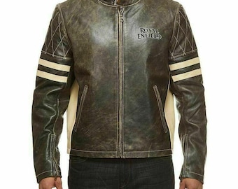 Giacca da motociclista in pelle a righe Royal Enfield da uomo