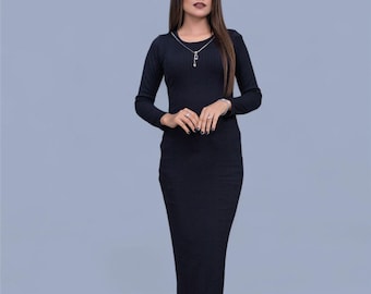 Robe longue en tricot côtelé | Moulante à manches longues, taille unique
