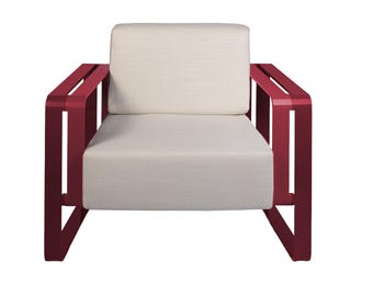 Poltrona in Metallo Rosso con Cuscini – Design Moderno Artigianale | Arredo Interno ed Esterno | Seduta Contemporanea Made in Italy