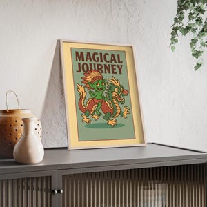 Póster Viaje Mágico – Arte mural caprichoso de duendes y dragones | Lámina de fantasía retro enmarcada para habitación infantil, decoración bohemia e interiores eclécticos