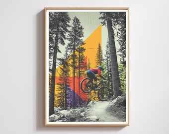 Stampa artistica in mountain bike: avventura colorata su sentieri all'aperto, ciclismo nella foresta, ciclista donna