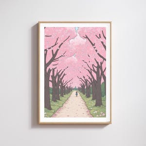 Impresión de arte natural, impresión de flores japonesas, impresión de bosque, arte de árboles, impresión, arte ilustrado, póster rosa, arte para sala de estar, impresión de arte decorativo