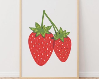 Erdbeere Riso Style Print: Retro Fruit Art Poster, Küchen Print, fruchtige Wandkunst, gerahmte und ungerahmte Drucke