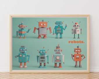 May include: A framed print featuring eight colorful robot illustrations against a teal background. The robots are in various colors, including orange, teal, and red. The word "robots" is printed in orange. The frame is light wood.